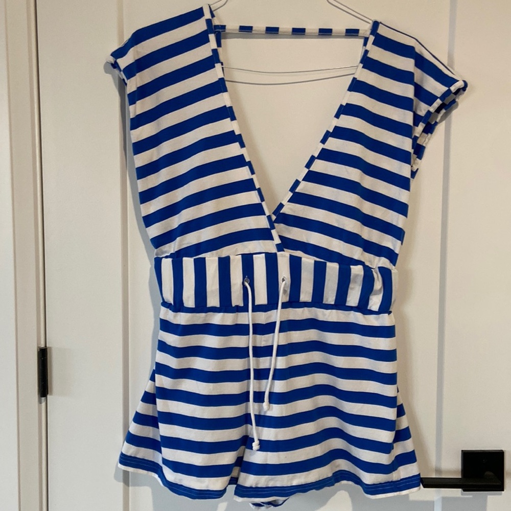 Venus Womens Romper Size Medium Blue White Stripe Wide Elastic Waist V Neck Back
